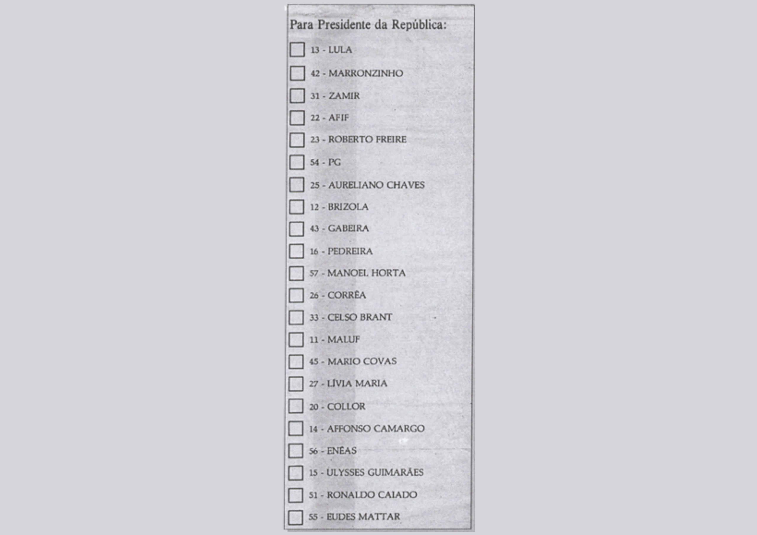 1989 - Os 22 candidatos à Presidência da República Federativa do Brasil.