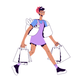 Ilustração de uma pessoa caminhando com sacolas de shopping